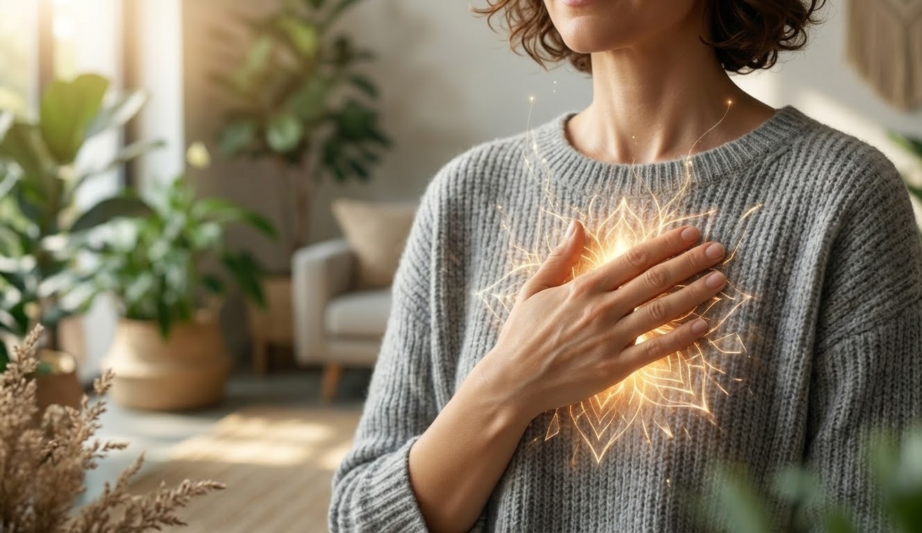 Persona conectando con su corazón durante un despertar espiritual