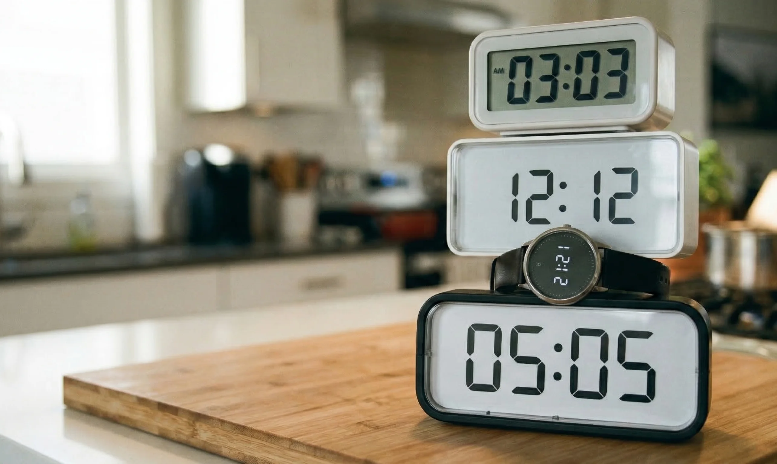 Relojes digitales mostrando horas espejo como 03:03, 12:12 y 05:05
