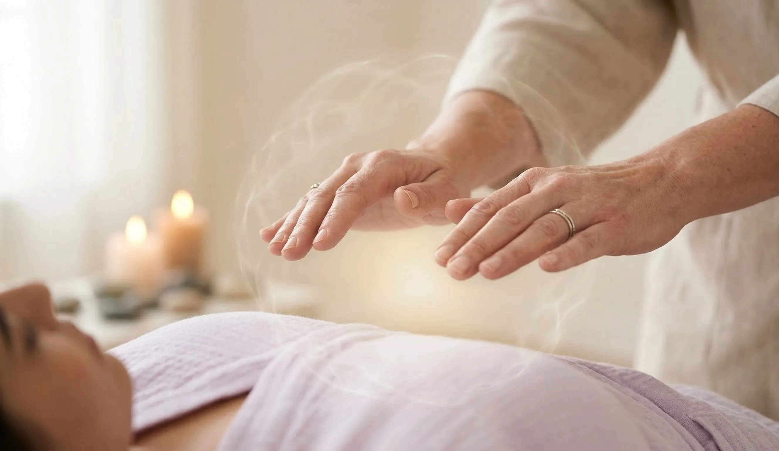 Manos sobre el cuerpo durante una sesión de reiki en un ambiente tranquilo