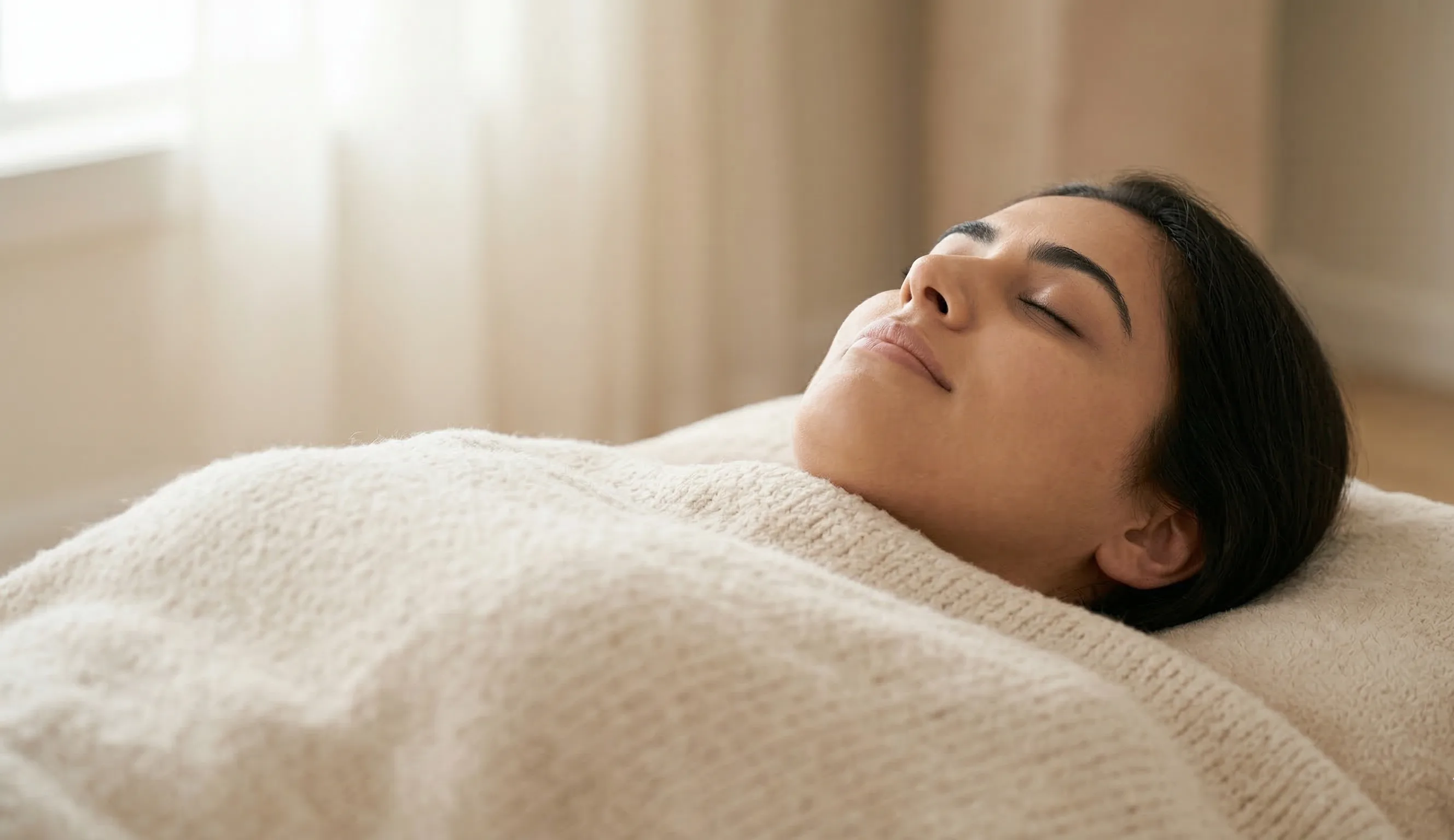 Persona relajada después de una sesión de reiki en un ambiente tranquilo